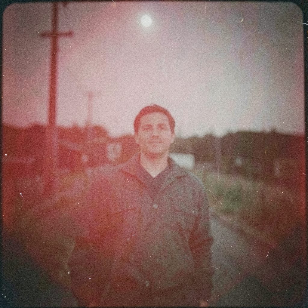 A dimly lit analog film photograph with visible grain, showing a warm amber desk lamp glow across a dark wooden surface, evoking a quiet late-night workspace mood.